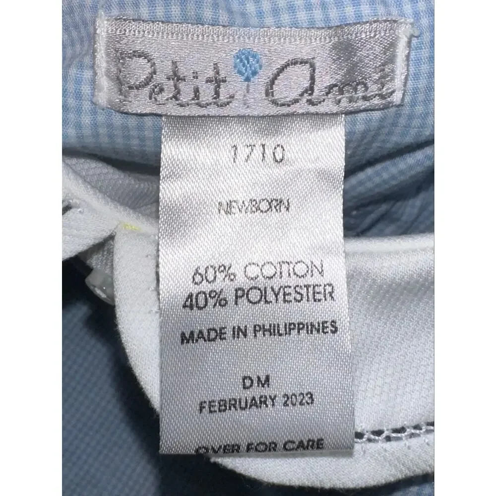 Petit Ami Baby Boys Blue Gingham Side Tab Peter Pan Collar Romper Size Newborn